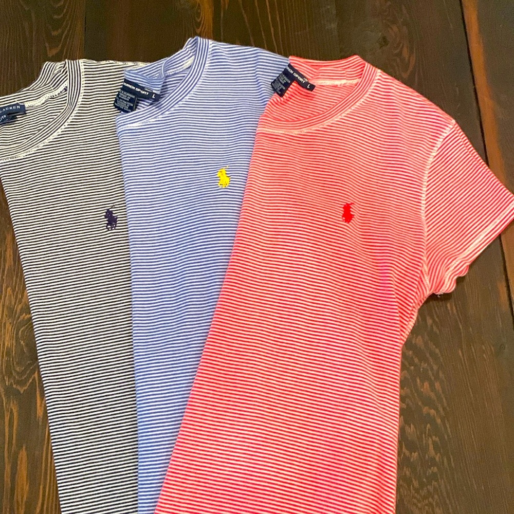 Ralph Lauren Women’s striped Tees; Colors Red-L, Blue-L and Black-XL